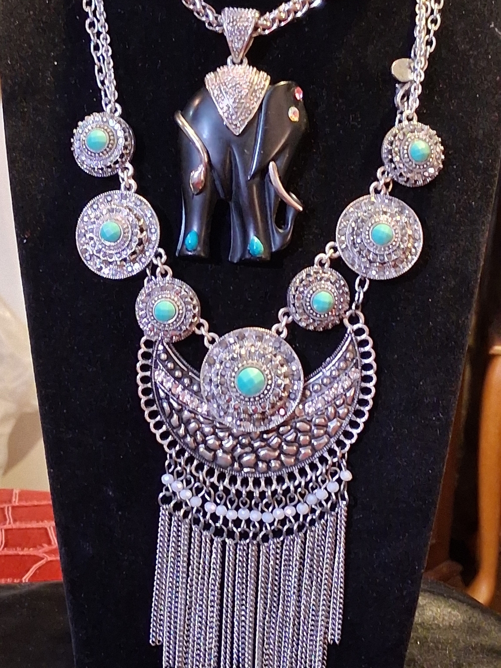 Lot of 3 Boho Statement Necklaces Vintage Elephant Pendant Crescent Fringe Tasse
